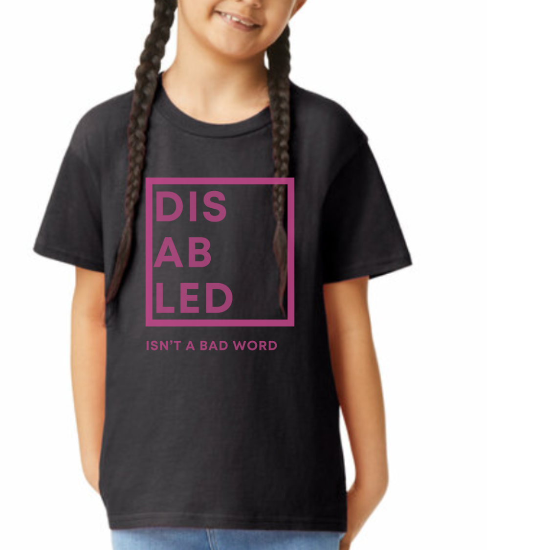 Youth Size Unisex Disabled Isn't a Bad Word - pink logo